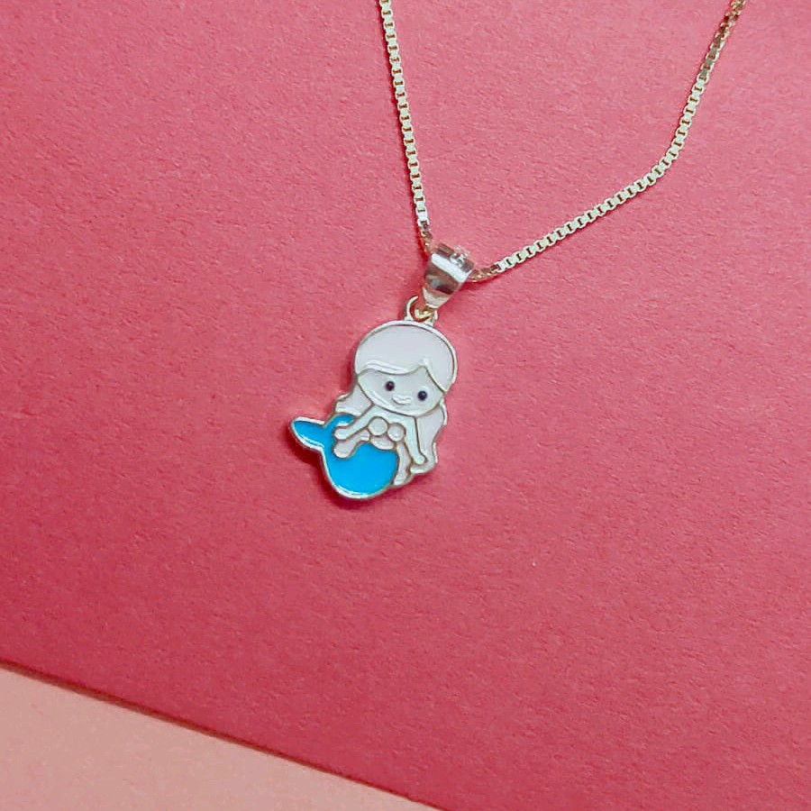 Pink And Sky blue Enamel Marmaid Pendant With Chain 